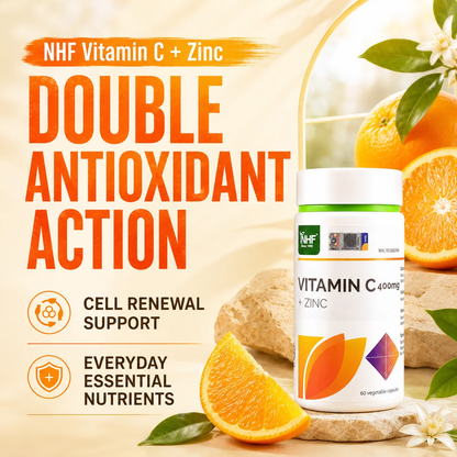 NHF Vitamin C 400 mg plus Zinc promotional image with 60 vegetable capsule bottle