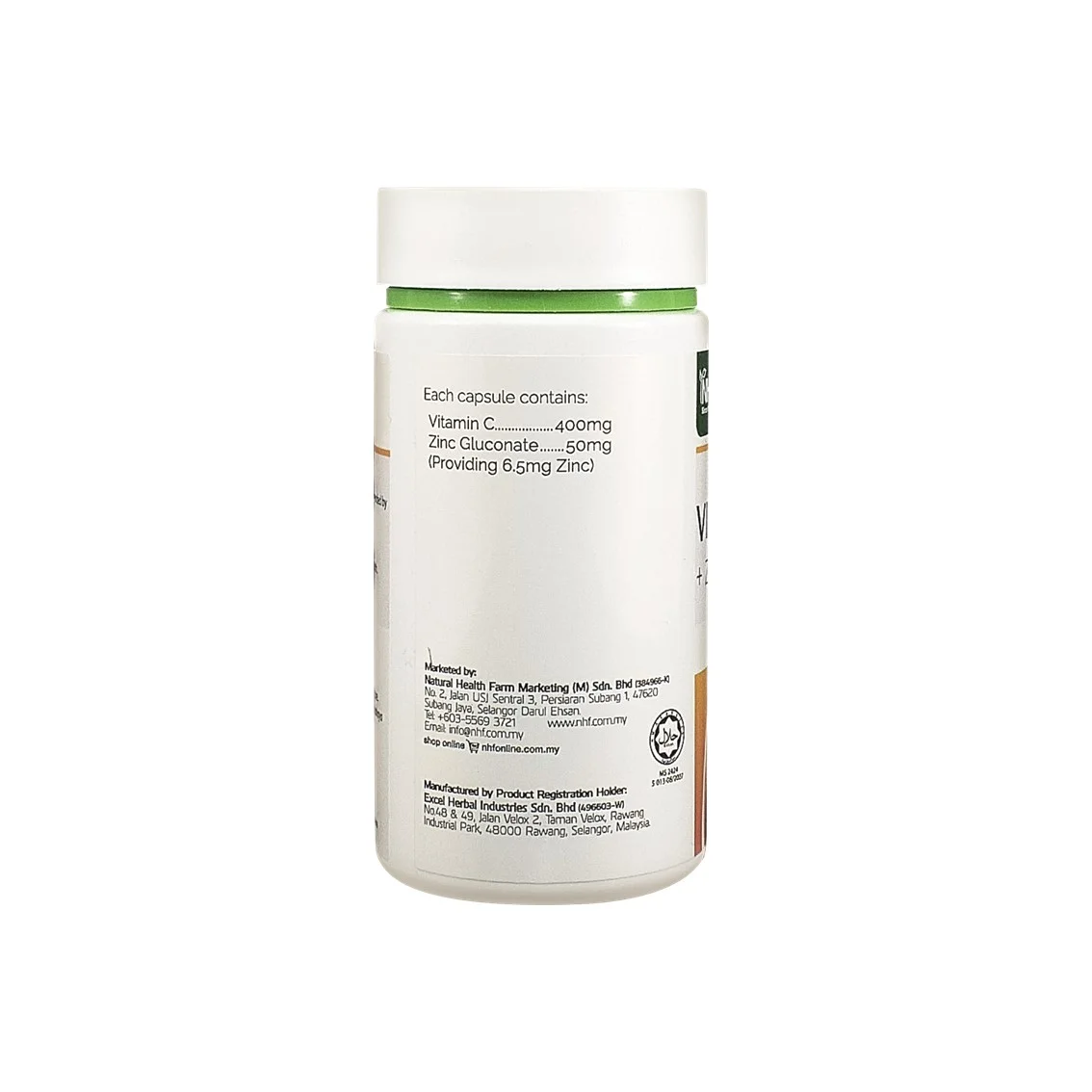 NHF Vitamin C plus Zinc ingredient label showing 400 mg vitamin C and 6.5 mg elemental zinc