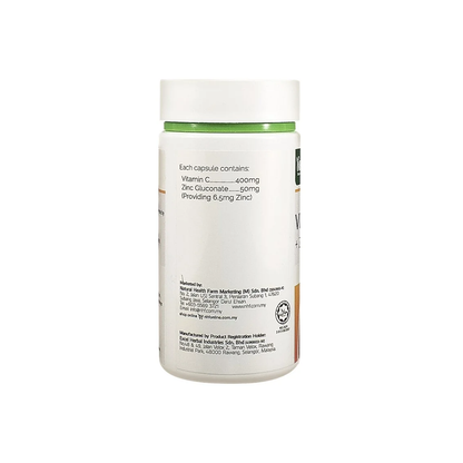 NHF Vitamin C plus Zinc ingredient label showing 400 mg vitamin C and 6.5 mg elemental zinc